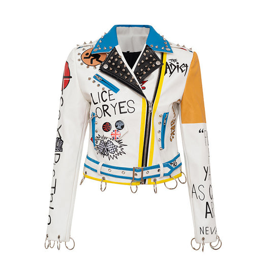 Personalized Graffiti Print Motorcycle Leather Jacket