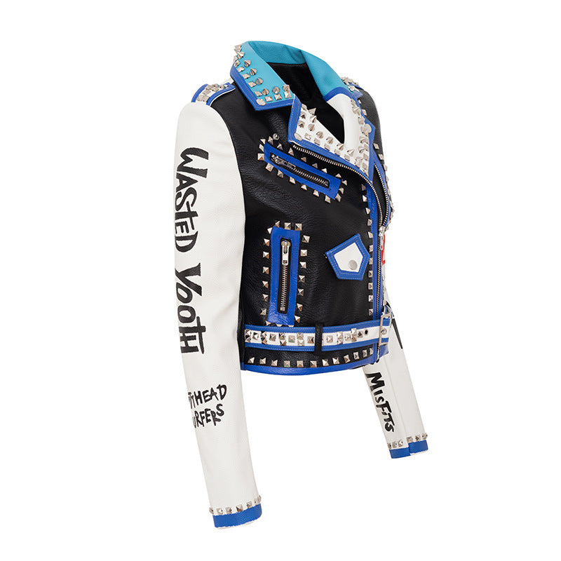 Ladies Leather Coat Graffiti Print Coat Rivet Hit Color Motorcycle Jersey