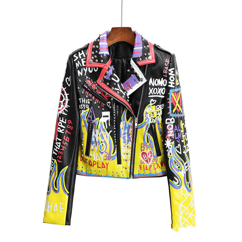 Fashion Graffiti Rivet Motorcycle Leather Women's Jacket