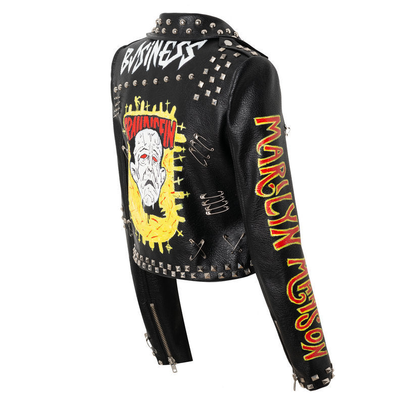 Slim-fit Studded Graffiti Pu Women's Print Contrast Jacket