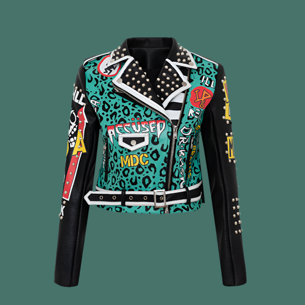 Punk Graffiti Print Leather Jacket Contrasting Badge Biker