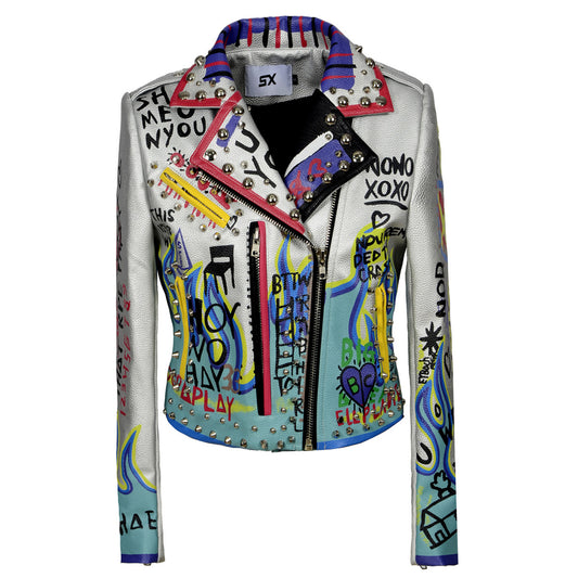 Fashion Graffiti Rivet Motorcycle Leather Women's Jacket