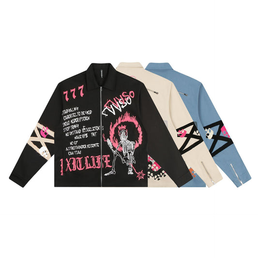 Retro vintage Graffiti Print And Embroidery Zip Jacket